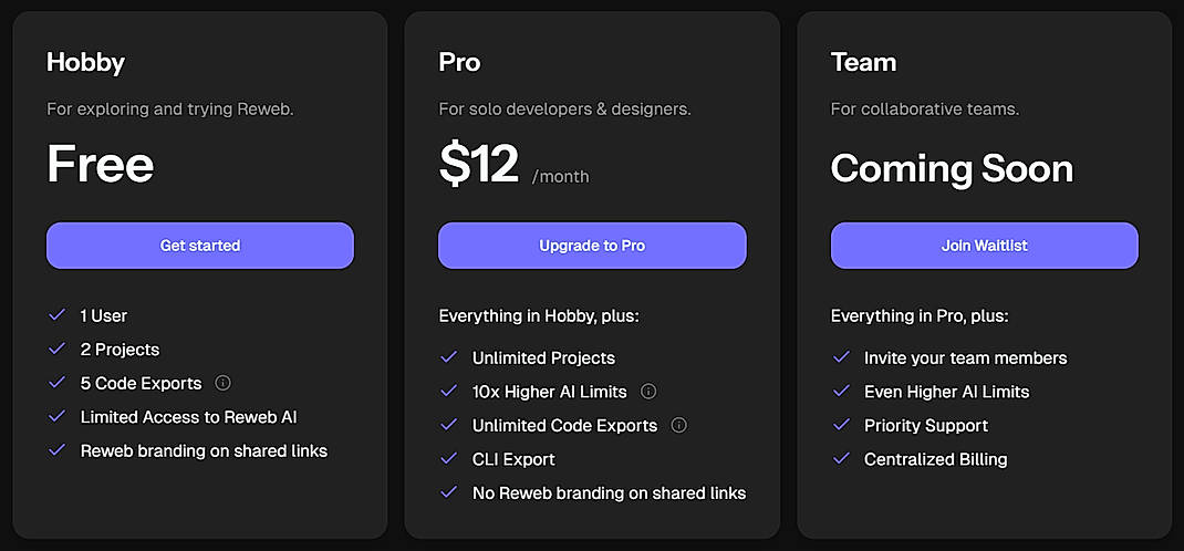 Pricing screenshot