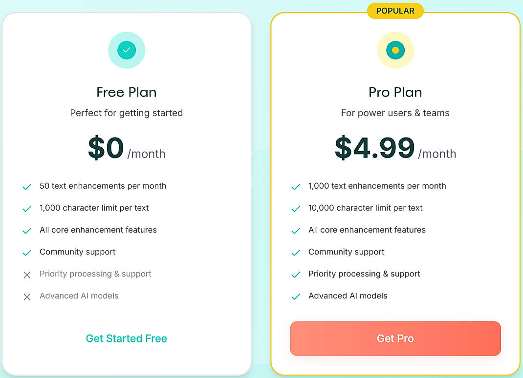 Pricing screenshot