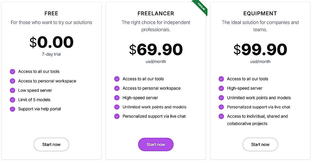 Pricing screenshot