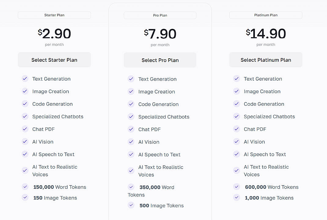Pricing screenshot