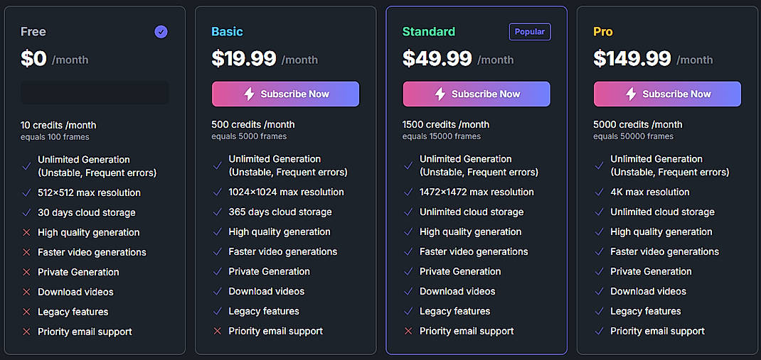 Pricing screenshot