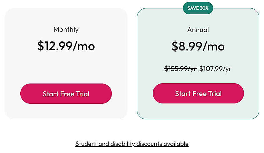 Pricing screenshot