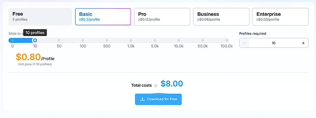 Pricing screenshot