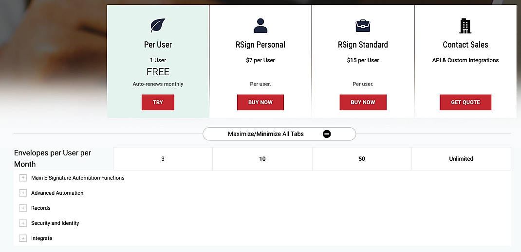 Pricing screenshot