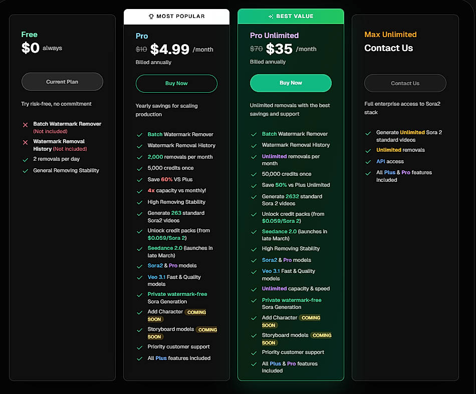 Pricing screenshot
