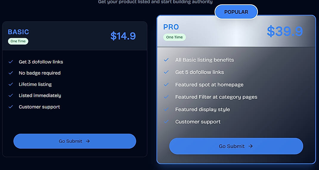 Pricing screenshot