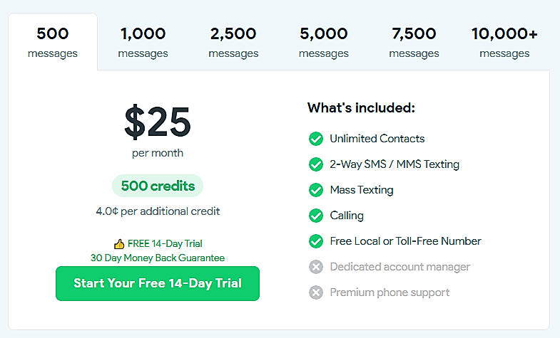 Pricing screenshot