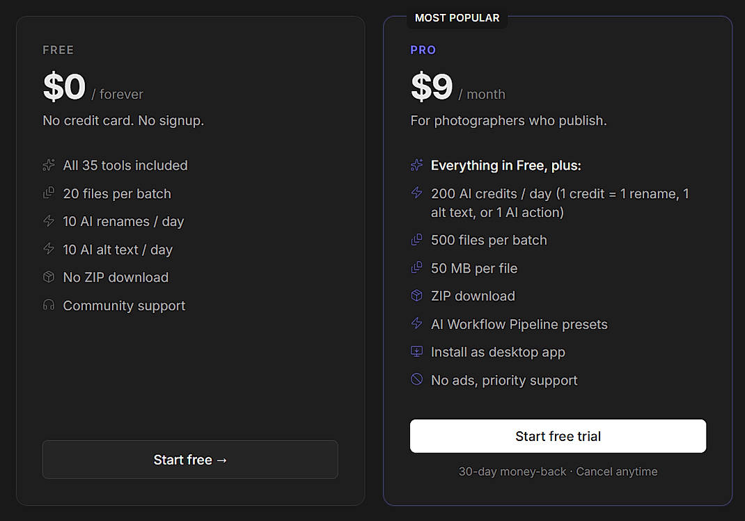 Pricing screenshot