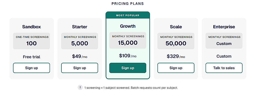 Pricing screenshot