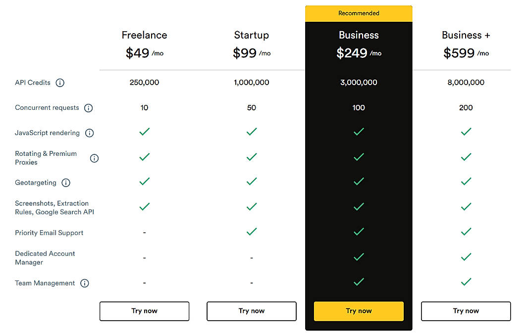 Pricing screenshot