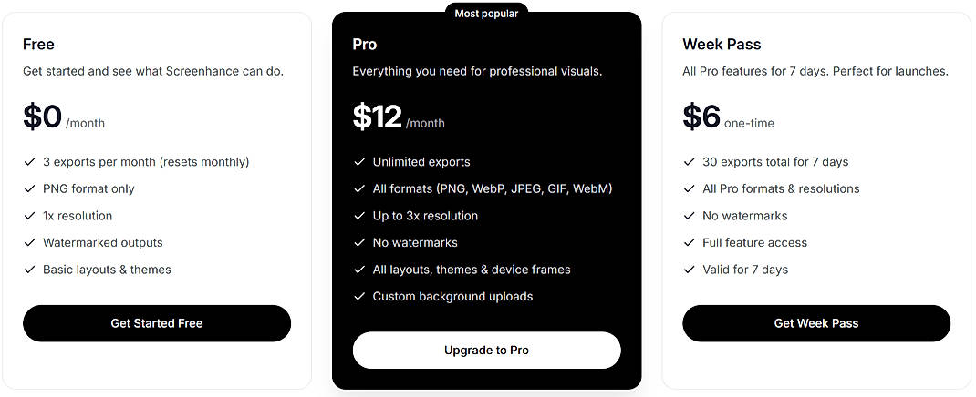 Pricing screenshot
