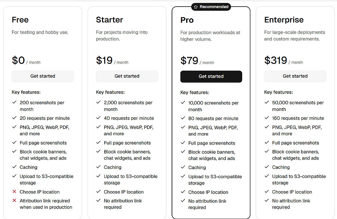 Pricing screenshot
