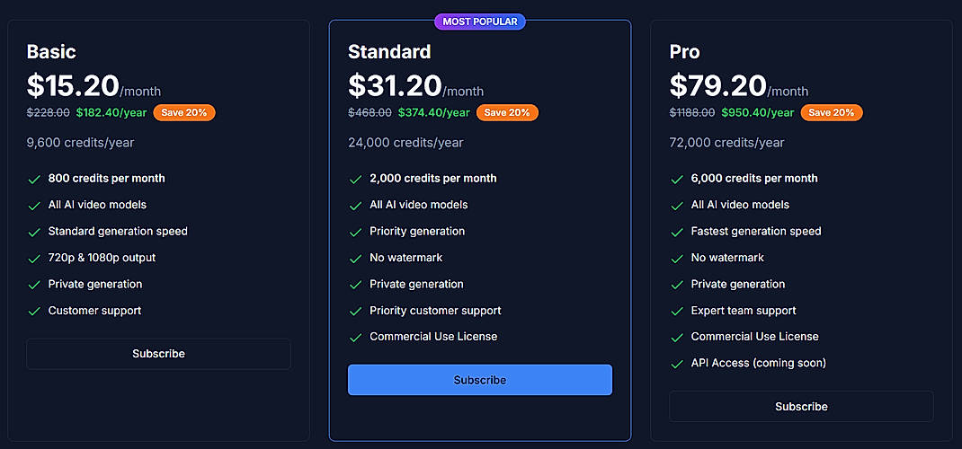 Pricing screenshot
