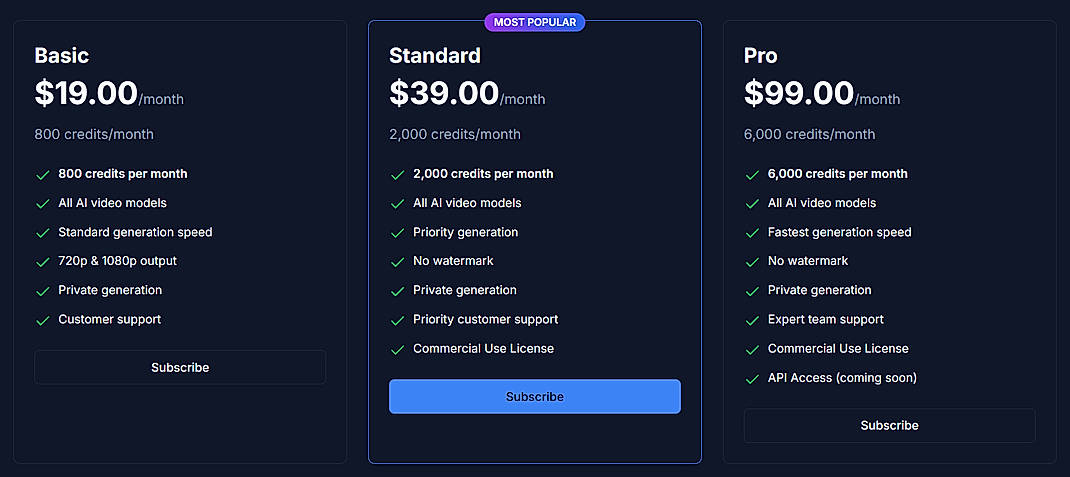 Pricing screenshot