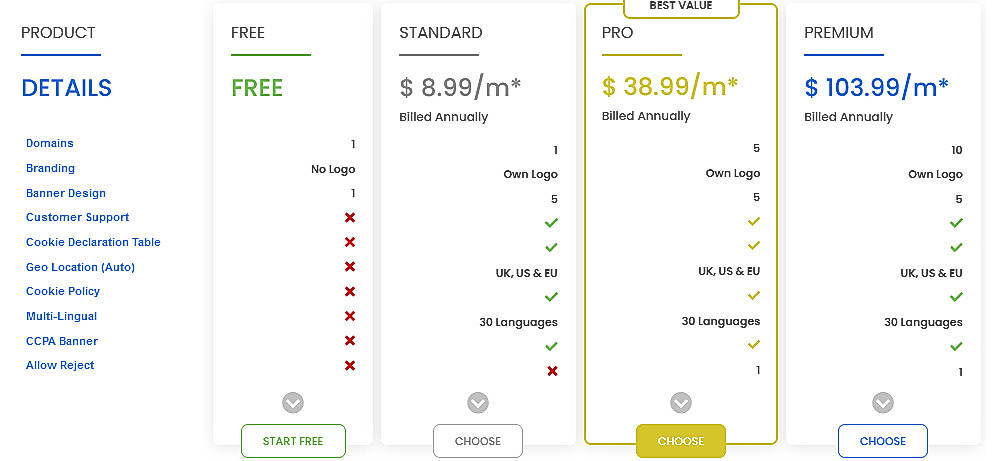 Pricing screenshot