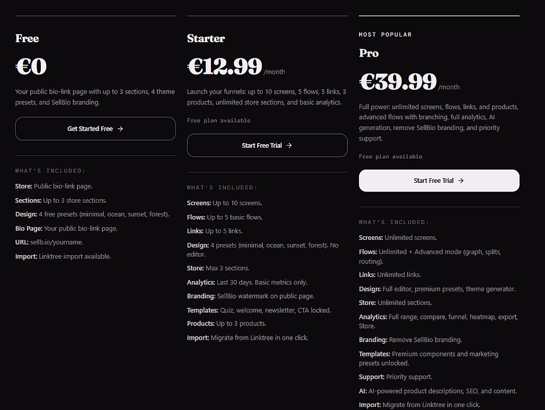 Pricing screenshot