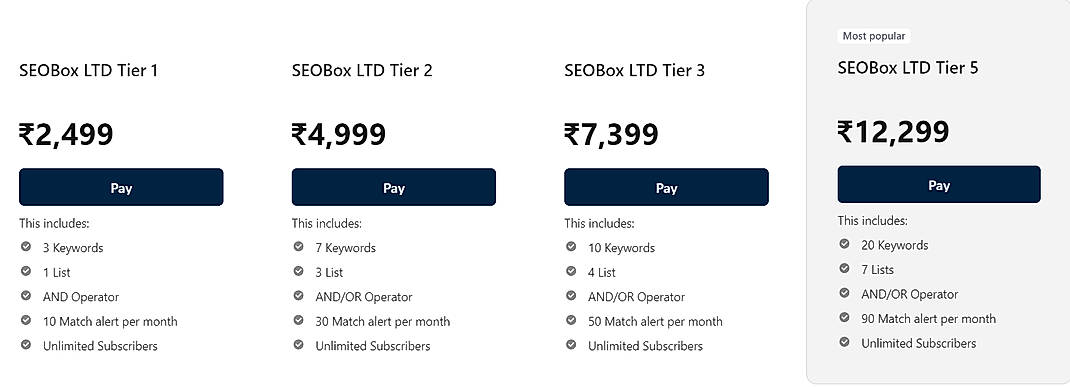 Pricing screenshot