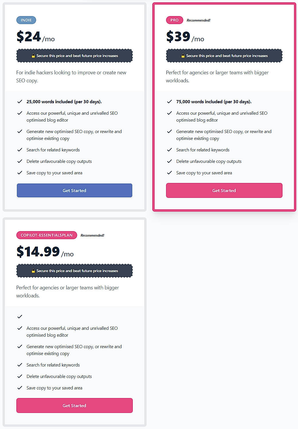 Pricing screenshot