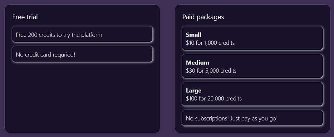 Pricing screenshot