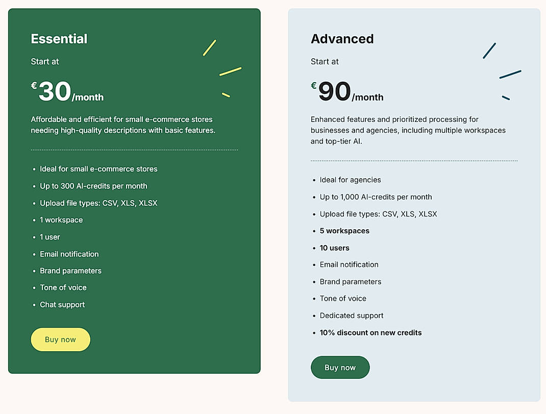 Pricing screenshot