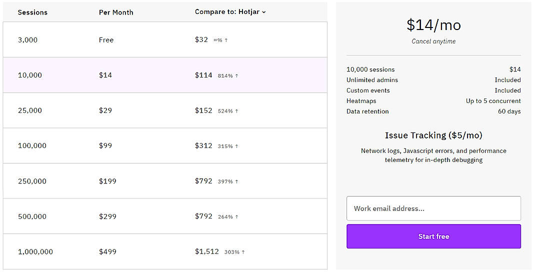 Pricing screenshot