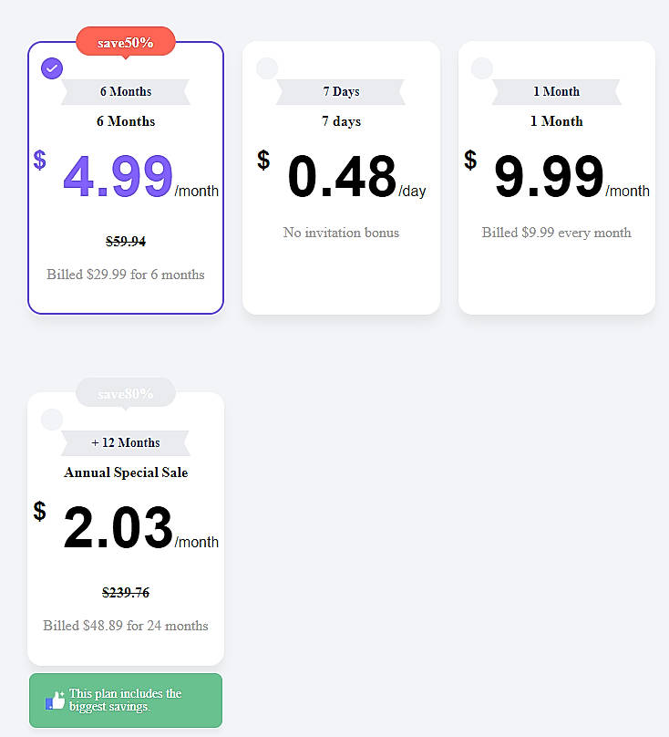 Pricing screenshot