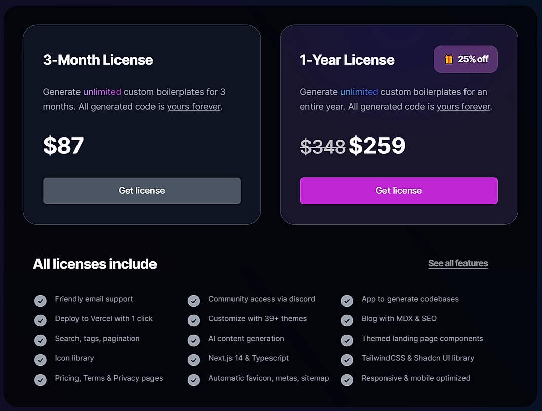 Pricing screenshot