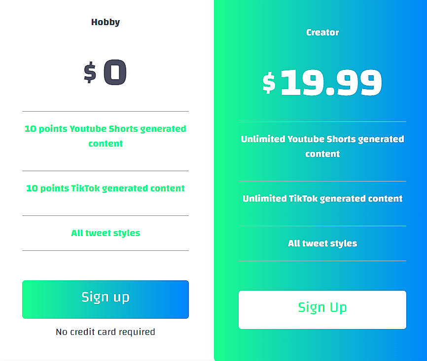 Pricing screenshot