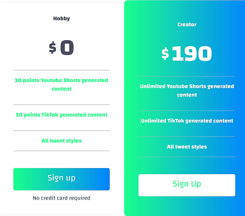 Pricing screenshot