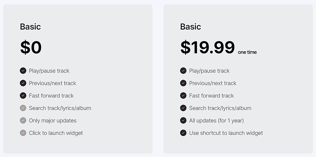 Pricing screenshot