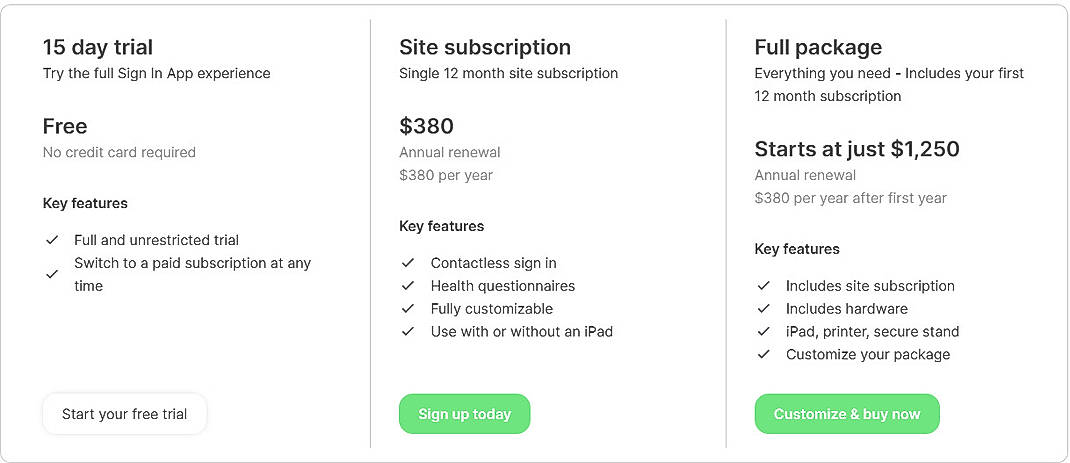 Pricing screenshot