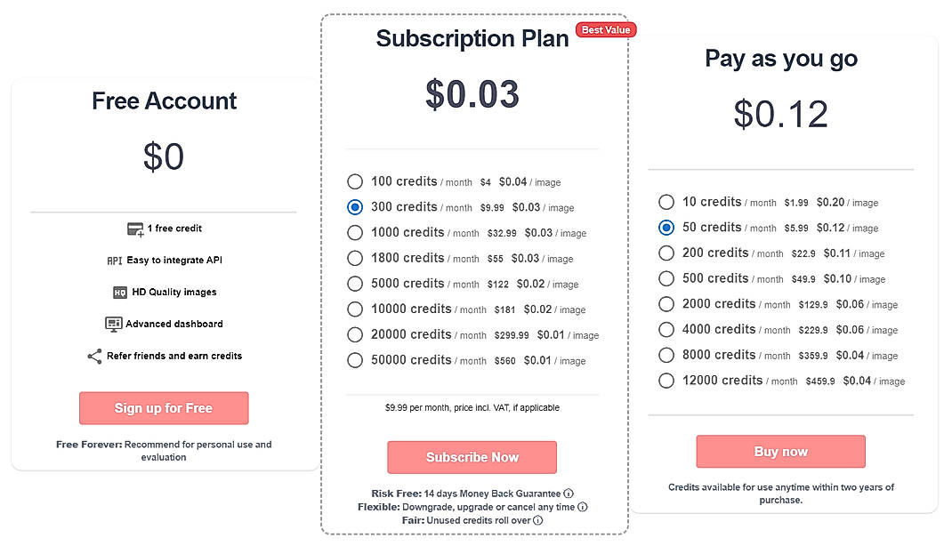 Pricing screenshot