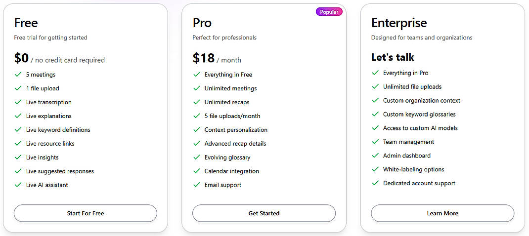 Pricing screenshot
