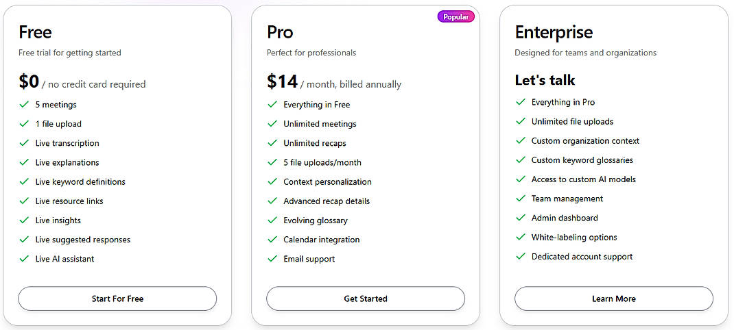 Pricing screenshot