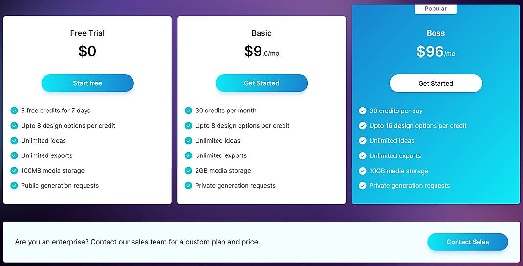 Pricing screenshot