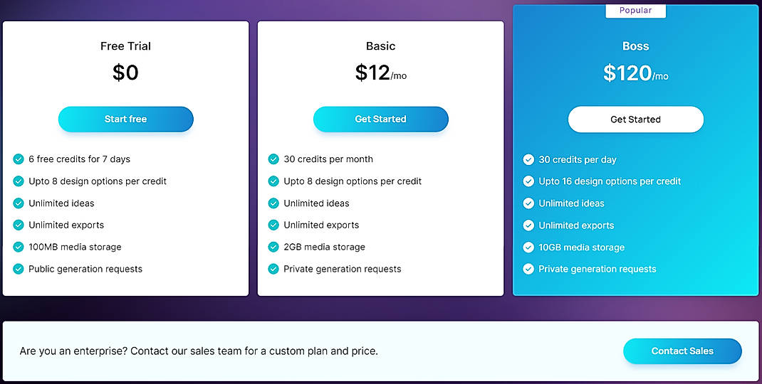 Pricing screenshot
