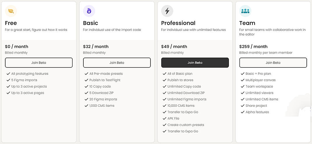 Pricing screenshot