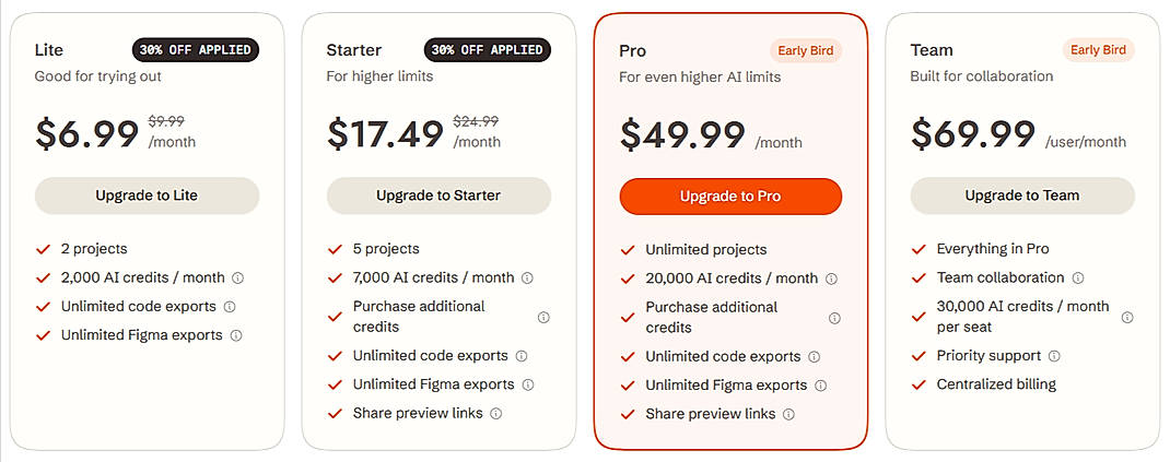 Pricing screenshot