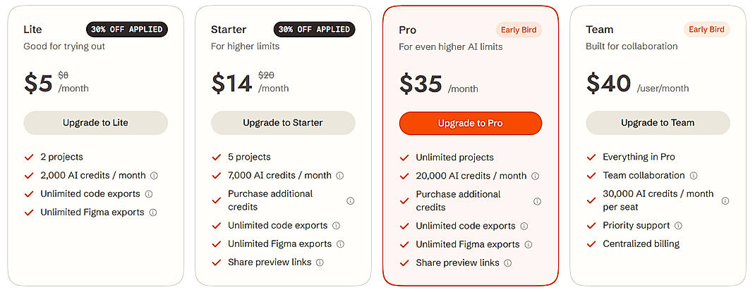 Pricing screenshot