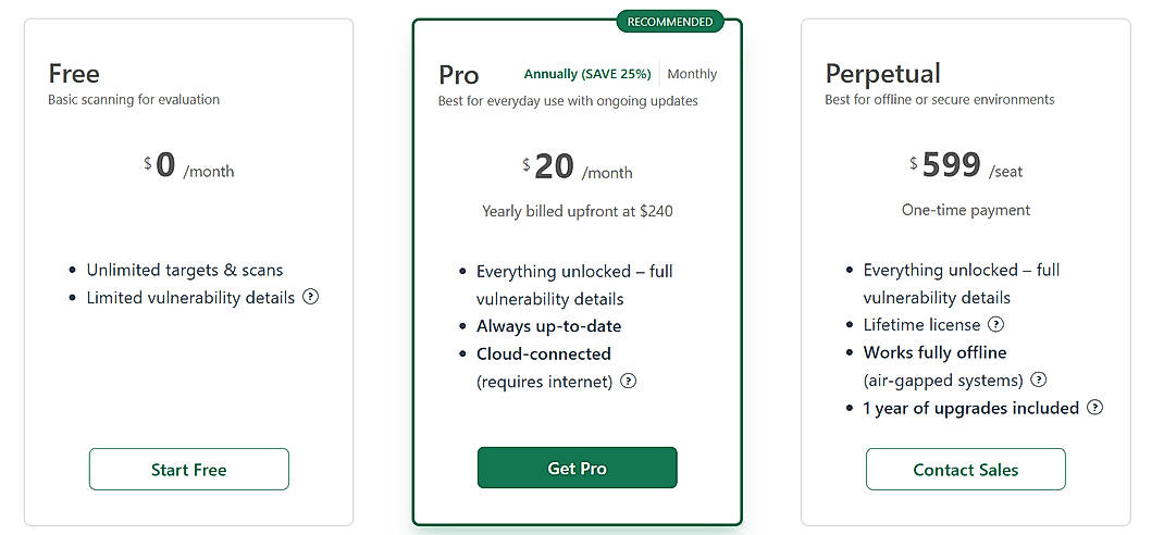 Pricing screenshot