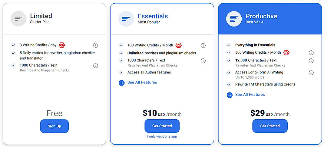 Pricing screenshot