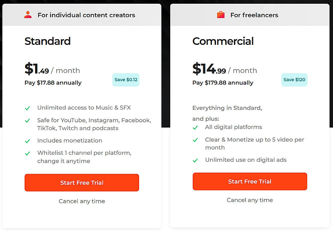 Pricing screenshot