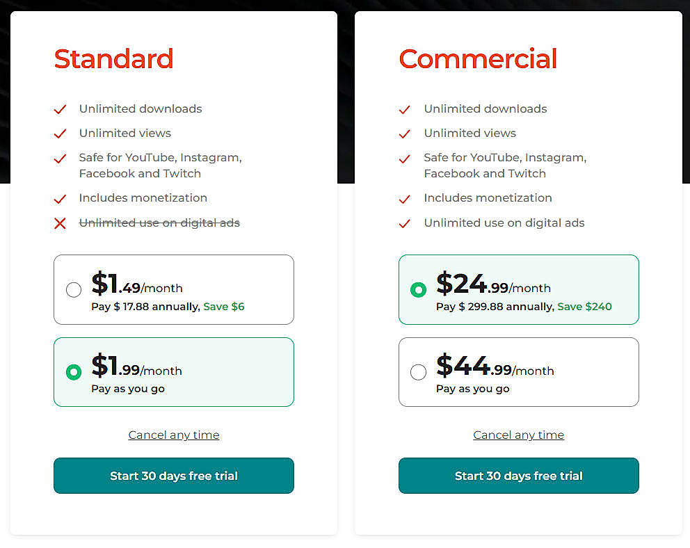 Pricing screenshot