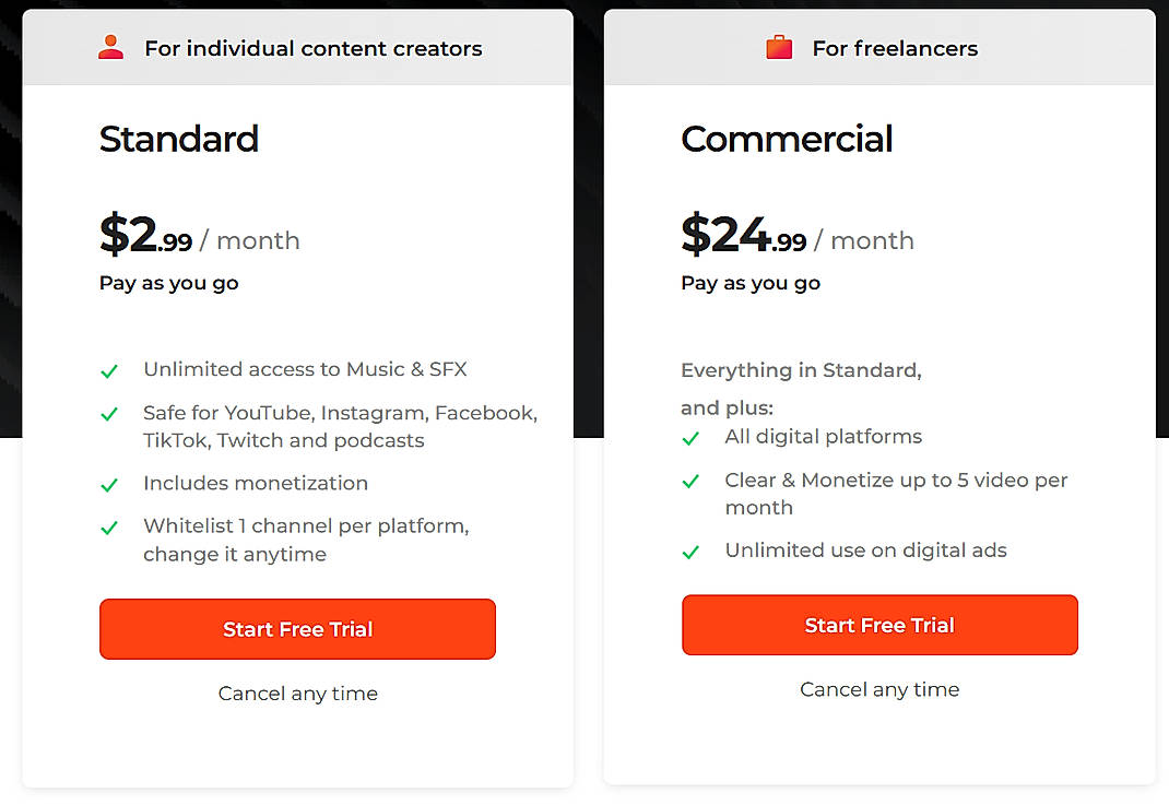 Pricing screenshot