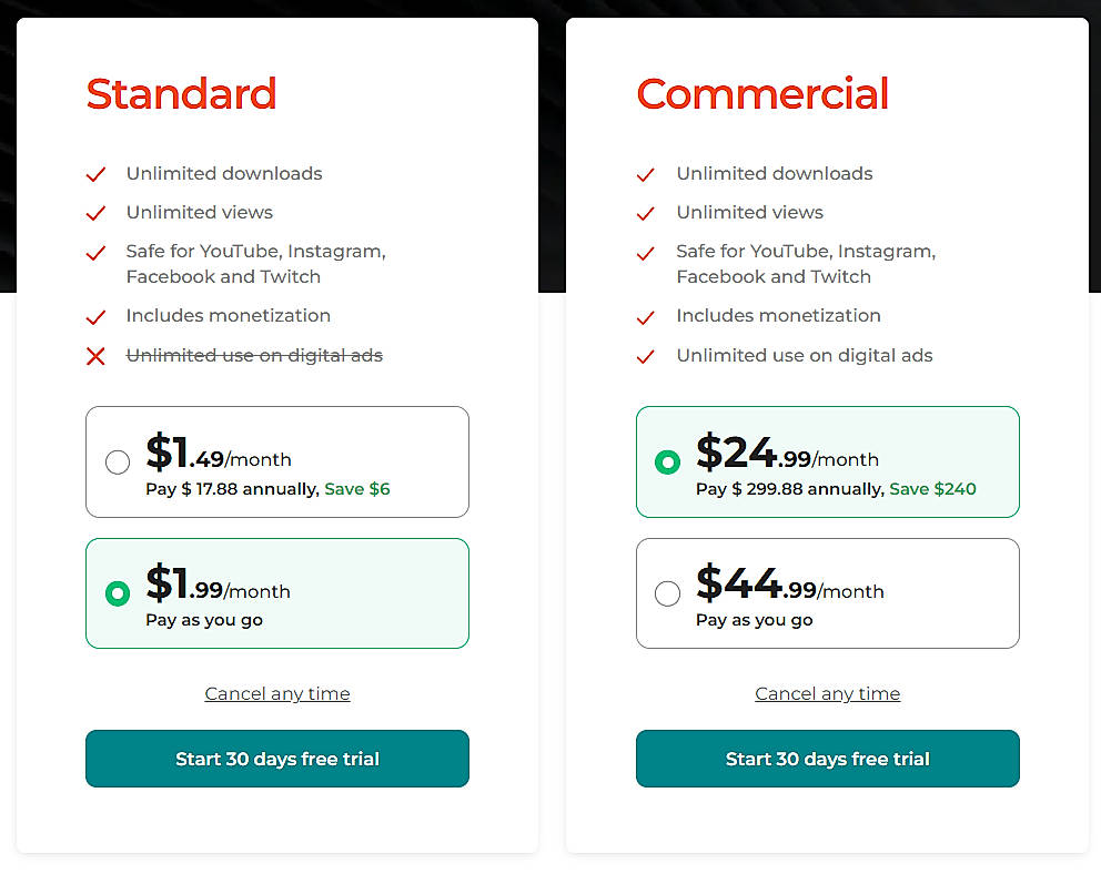 Pricing screenshot