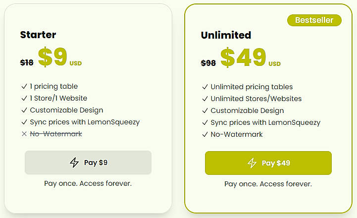 Pricing screenshot