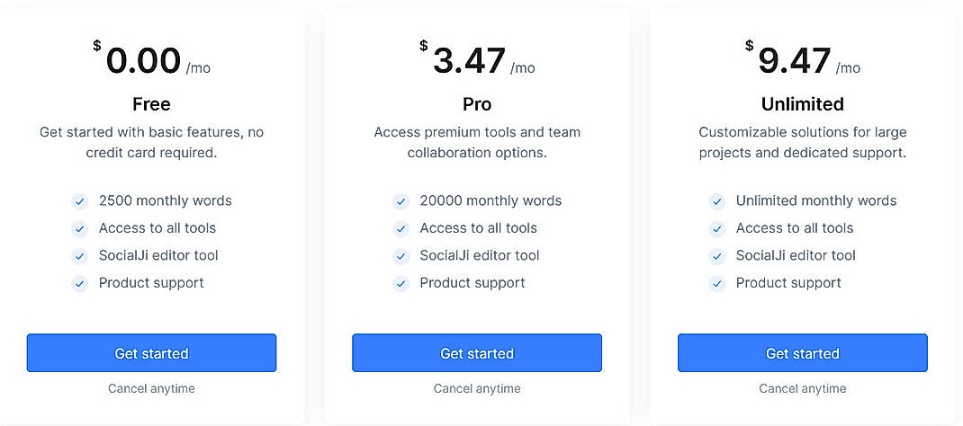 Pricing screenshot
