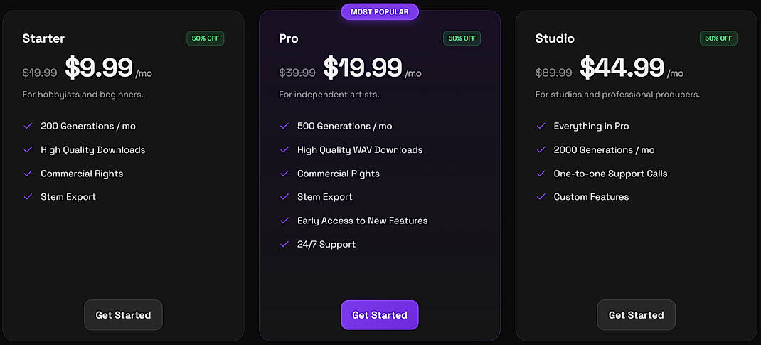 Pricing screenshot
