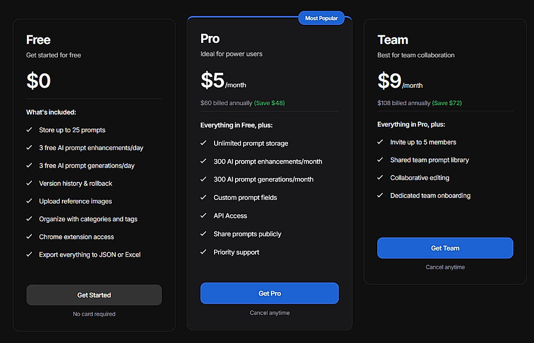 Pricing screenshot