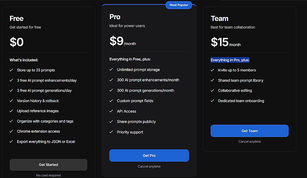 Pricing screenshot
